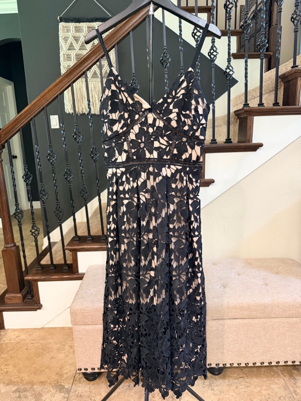love...ady Black Lace Midi Dress with Nude Underlay